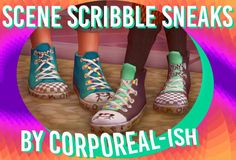 the legs and feet of two people wearing colorful shoes with text reading scene scribble sneaks by cororealish