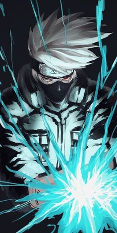 an anime character with white hair and blue eyes holding a glowing object in his hands