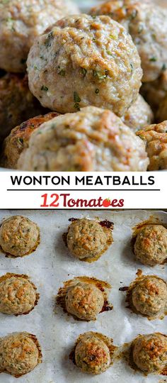 some meatballs are on a baking sheet with the words wonton meatballs above them