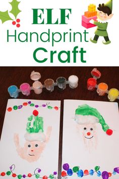 elf handprint craft - a Christmas handprint art craft Toddler Handprint Christmas Crafts, Elf Crafts For Kids, Toddler Christmas Art, Handprint Christmas Crafts, Preschool Elves, Handprint Christmas Cards, Elf Craft, Kindergarten Christmas Crafts