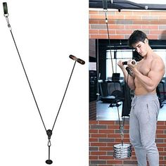 an image of a man with no shirt on using his cell phone while holding a gym rope