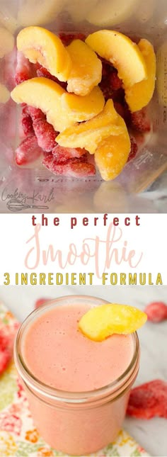 smoothie ingredients in blender with text overlay that reads the perfect smoothie 3 ingredient formula