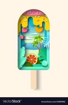 an ice cream popsicle with tropical scenes and palm trees on the beach in paper cut style