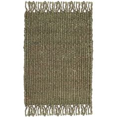 a green rug with fringes on the top and bottom, against a white background