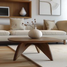 a living room with white couches and wooden coffee table