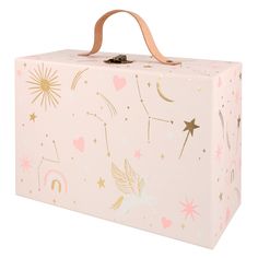 a pink and gold box with stars, hearts, and sparkles on it's sides