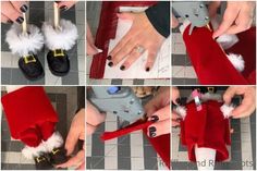 several pictures of santa's hat being put on someones feet with nail polish