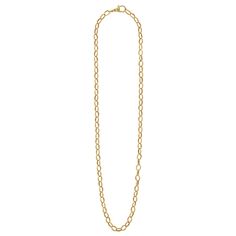 Oval flutes 18K gold form this 18 inch link necklace. Finished with a signature 18K gold lobster clasp. Timeless Gold-tone Oval Link Necklace, Elegant Oval 14k Gold Chain Necklace, Elegant 14k Gold Oval Chain Necklace, Luxury Figaro Chain Necklace With Oval Links, Elegant Gold Oval Link Chain Necklace, Elegant Gold-plated Oval Link Chain Necklace, Elegant Gold Plated Oval Link Chain Necklace, Classic Yellow Gold Toggle Necklace With Paperclip Chain, Elegant Oval Chain Necklace With Lobster Clasp