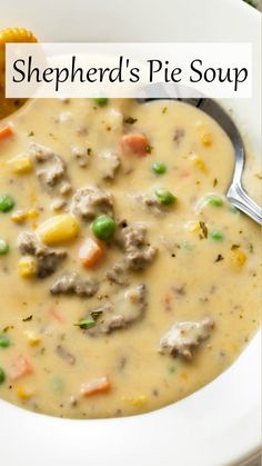 a bowl of shepherd's pie soup with a spoon