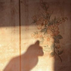 a shadow of a cat on a wall with flowers painted on the wall behind it