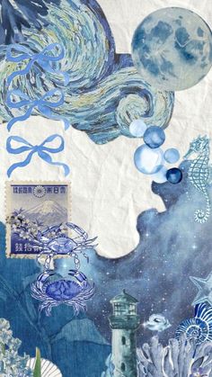 an artistic collage with blue and white artwork, including watercolors on paper