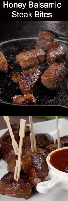 steak bites being cooked on skewers in a skillet with ketchup