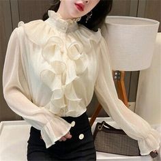 Great Shopping Women Chiffon Ruffles Shirt Tops Blouse Flare Sleeve Sweet Lolita Frill, women's tops Ruffles Shirt, Edwardian Blouse, Clothing Pattern Design, Dark Academia Clothing, Women Lace Blouse, Tops Blouse, Ruffle Shirt, Sweet Lolita, Chiffon Ruffle