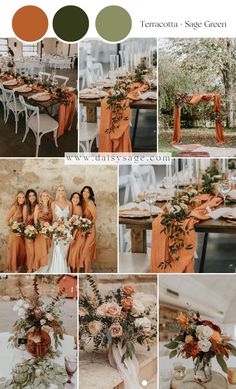 an orange and white wedding color scheme with flowers, greenery, foliage, and bridesmaids