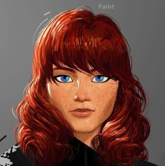 a woman with red hair and blue eyes is shown in this digital art style drawing