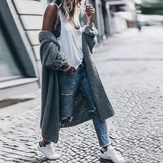 Snap Front Plain Casual Cardigans Grey Cardigan Outfit, Long Sweater Coat, Grey Knit Cardigan, Cardigan Outfit, Outfit Trends, Casual Cardigans, Cardigan Long, Long Sweater