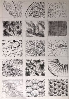 several different types of patterns and shapes in black ink on white paper, each with an individual's own hand drawn design