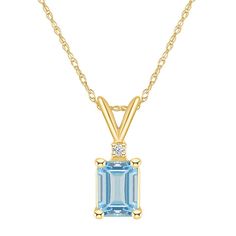 "Adorned with an emerald-cut aquamarine center stone, and a dazzling diamond accent, this eye-catching pendant completes your elegant look. Adorned with an emerald-cut aquamarine center stone, and a dazzling diamond accent, this eye-catching pendant completes your elegant look. Pendant size: 1/2""L x 1/5""W Chain length: 18 in. Chain type: rope Metal: 14k gold Plating: rhodium Finish: polished Packaging: boxedSTONE DETAILS Stone type: aquamarine Total weight: 9/10 ct. Stone size: 7 mm x 5 mm Sha Emerald Cut, Spring Rings, Gold Plating, Chain Length, Aquamarine, Round Diamonds, Jewelry Necklace Pendant, Jewelry Watches, Emerald