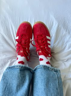 Red shoes red adidas heart socks trendy shoes shoe trends gazelle Red Wishlist, Red Adidas Gazelle, Onitsuka Tiger Women Outfit, Red Gazelle, Adidas Gazelle Outfit, Red Shoes Outfit, Red Trainers, Heart Socks, Pretty Shoes Sneakers