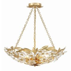 a chandelier hanging from the ceiling with gold leaves and crystal beads on it