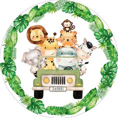 a car filled with animals sitting in the middle of a jungle circle surrounded by leaves