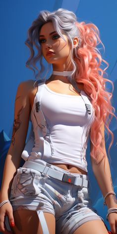 a woman with long pink hair and tattoos on her chest is posing for the camera