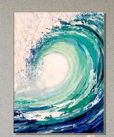 an abstract painting with blue and green waves