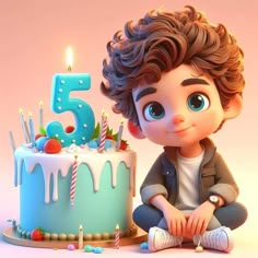 a boy sitting in front of a cake with candles on it and the number five candle lit