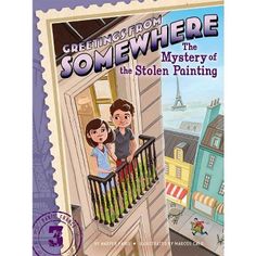 an illustrated book cover for greetings from somewhere, the mystery of the stolen painting