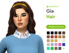 a woman with brown hair wearing a blue sweater and white collared shirt is shown in front of an ad for greenlams gia hair