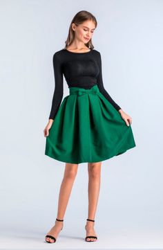 Material: Polyester, Cotton • Dresses Length: Knee-Length • Style: Casual • Decoration: Bow • Silhouette: A-Line • Waistline: Empire • Type: Solid Flowy Long Sleeve Dress For Winter, Green Flared Skirt Dress For Spring, Green A-line Dress With Lined Skirt, Stretch Pleated Skirt Dress For Fall, Chic Green Skirted Dress, Fitted A-line Green Skirt, Winter Party Dress With Flowy Skirt, Green Skirted Dress For Party, Winter Party Dresses With Flared Skirt