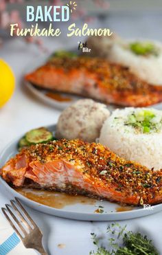 baked fish fillets served on a plate with rice and garnished with herbs