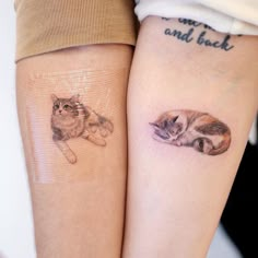 two tattoos on the legs of people with cats