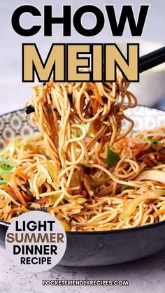 chow mein with chopsticks being lifted from the bowl