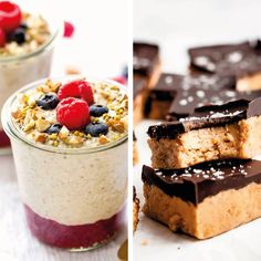 three different desserts in glass containers with chocolate, raspberries and granola