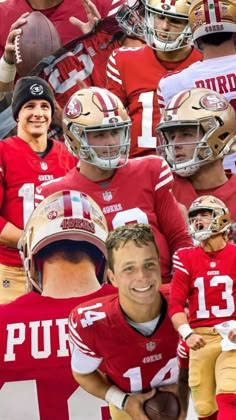 a collage of the san francisco giants and their football players in red uniforms with helmets on