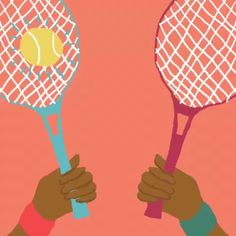 two hands holding tennis racquets on a pink background