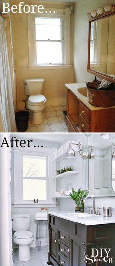 before and after pictures of a bathroom remodel with white tile flooring, black cabinetry, and countertop