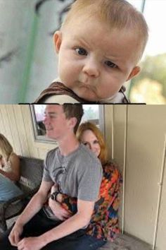 two pictures one with a baby and the other with an adult