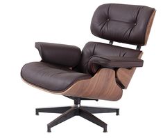 the eames chair and ottoman is black leather with wood trimmings on it