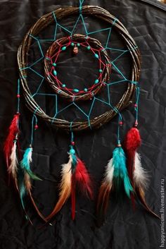 an image of a dream catcher with feathers