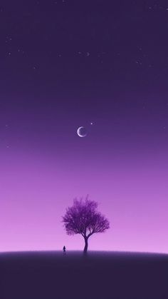 a lone tree in the middle of a field under a purple sky with stars and moon