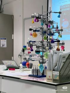 a science lab with various laboratory equipment on the counter