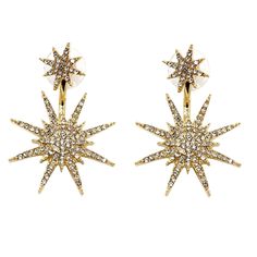 Shop the Jewelry Collection at The Bagtique. Pave Starburst Ear Jacket Drop Earrings Shine like the night sky with these sparkling Starburst Drop Earrings. They can be worn as simple star-shaped studs or with the earring jackets attached for an extra dos Retro Wedding Jewelry, Wedding Earrings Vintage, Star Drop Earrings, Pave Earrings, Gold Starburst, Atomic Starburst, Starburst Earrings, Crystal Bridal Earrings, Snowflake Earrings