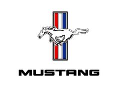 the mustang logo is shown in red, white, and blue with a horse on it