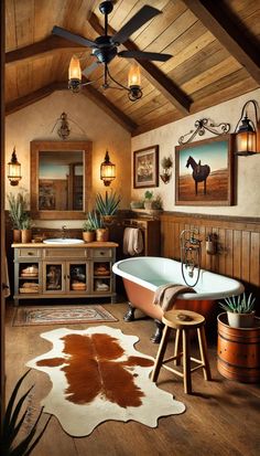 a bathroom with a tub, rug and ceiling fan