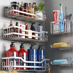 the shelves in the bathroom are organized with various items