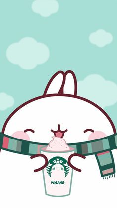 an animal holding a starbucks cup with its eyes closed