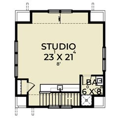 the floor plan for a studio apartment with stairs and second story bedroom on one side