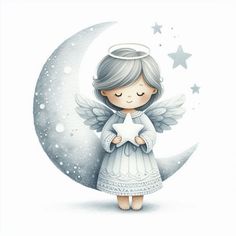 an angel is standing on the moon with her hands in her pockets and holding a star